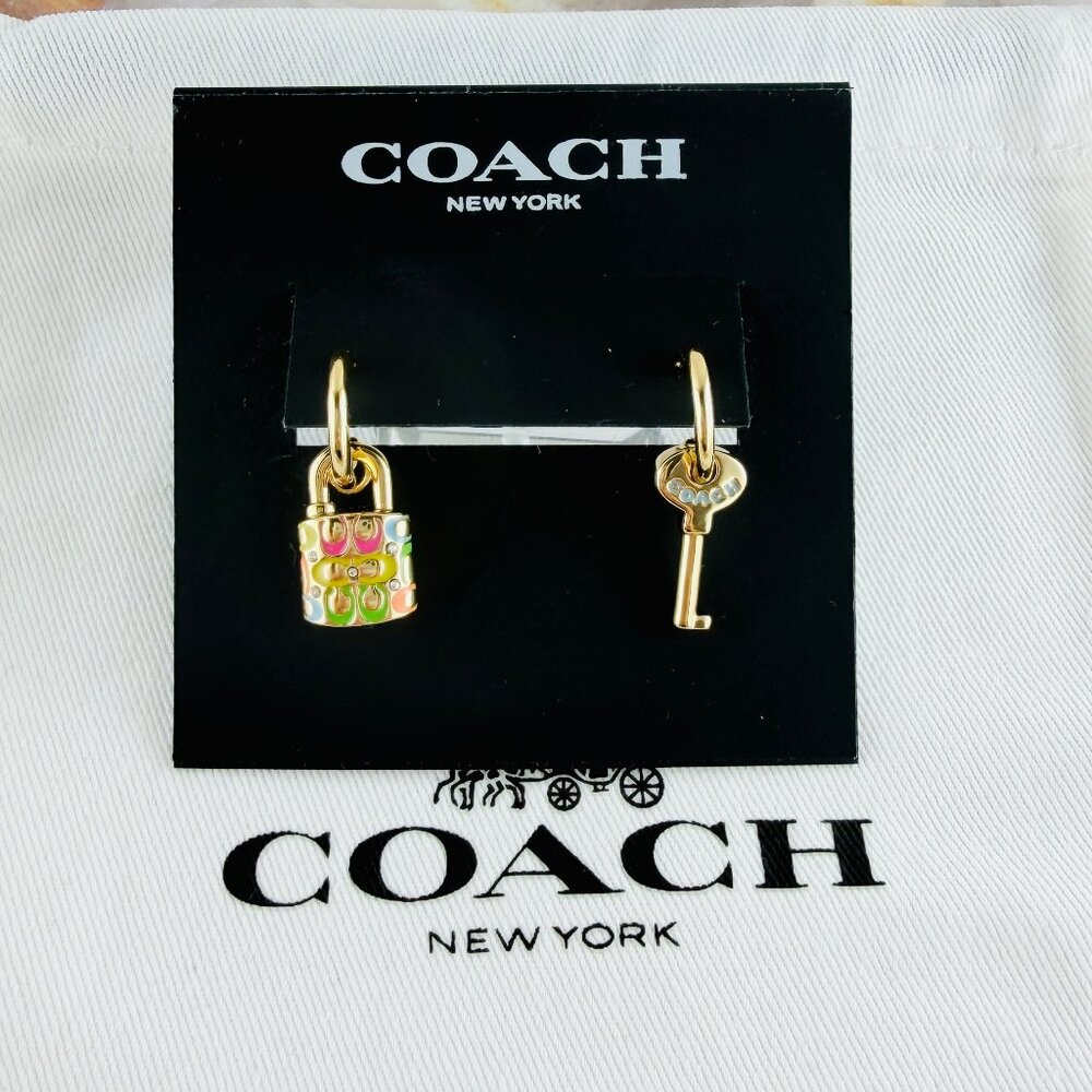 Coach Quilted Padlock Key Mismatch Rainbow gold earrings